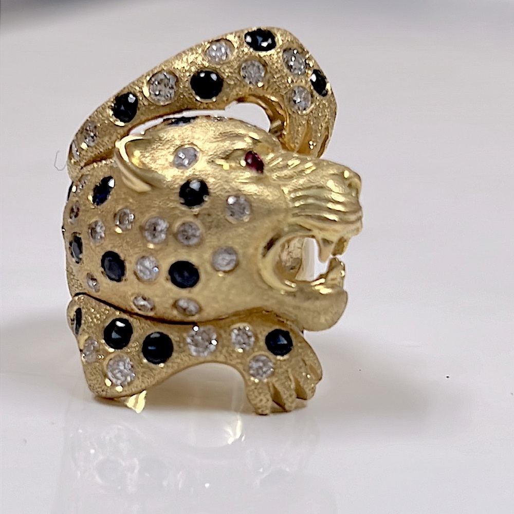 18k Gold Panther Ring with F VS diamonds sapphire and ruby - Picture 3 of 13